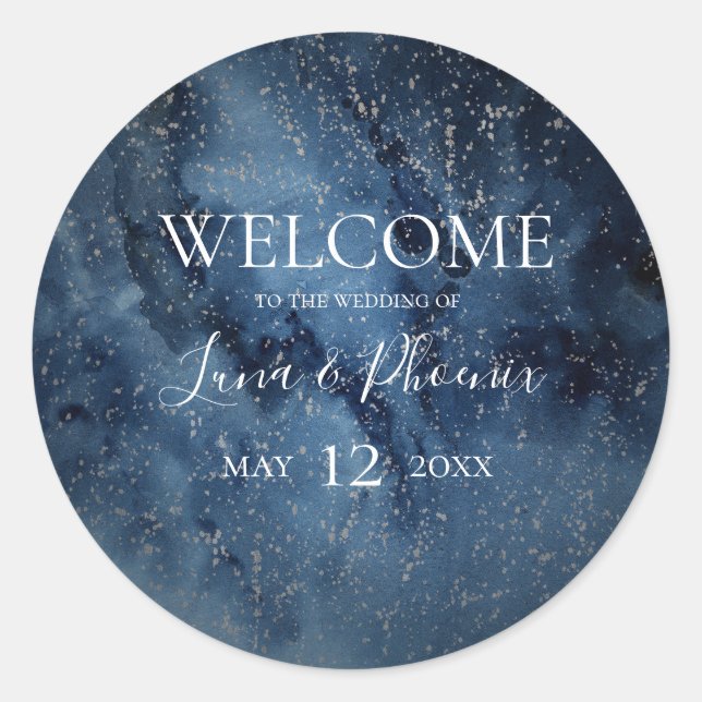 Celestial Night Sky Silver Wedding Willkommenstick Runder Aufkleber (Vorderseite)