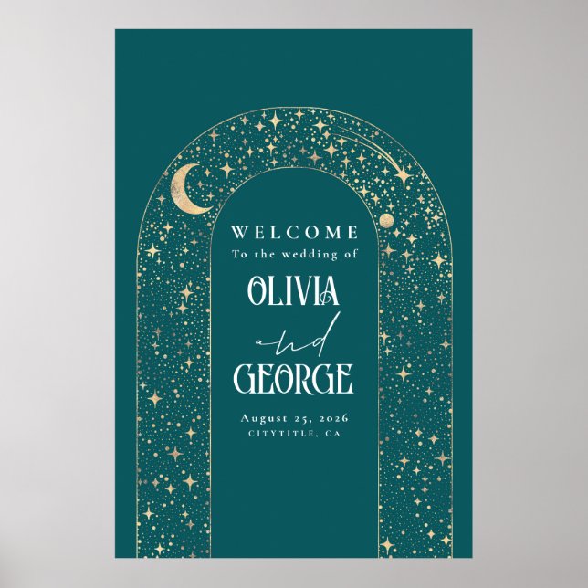 Celestial Night Stars Aquamarine Hochzeit Begrüßun Poster (Vorne)