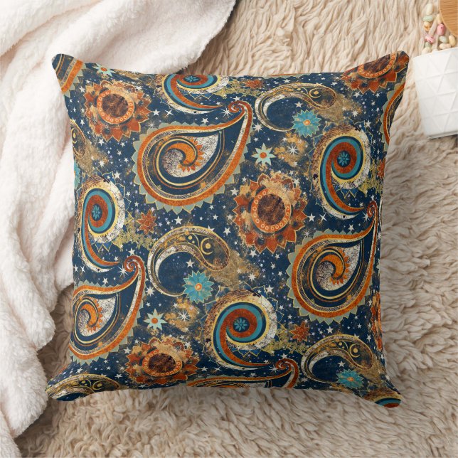 Celestial Paisley Pattern Navy Blue & Gold Vintag Kissen (Decke)