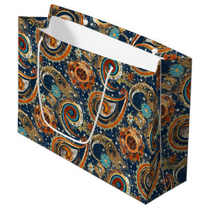 Celestial Paisley Pattern Navy Blue, Orange, Gold Große Geschenktüte