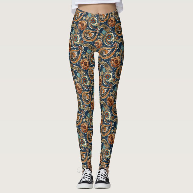 Celestial Paisley Pattern Navy Blue, Orange, Gold Leggings (Vorderseite)