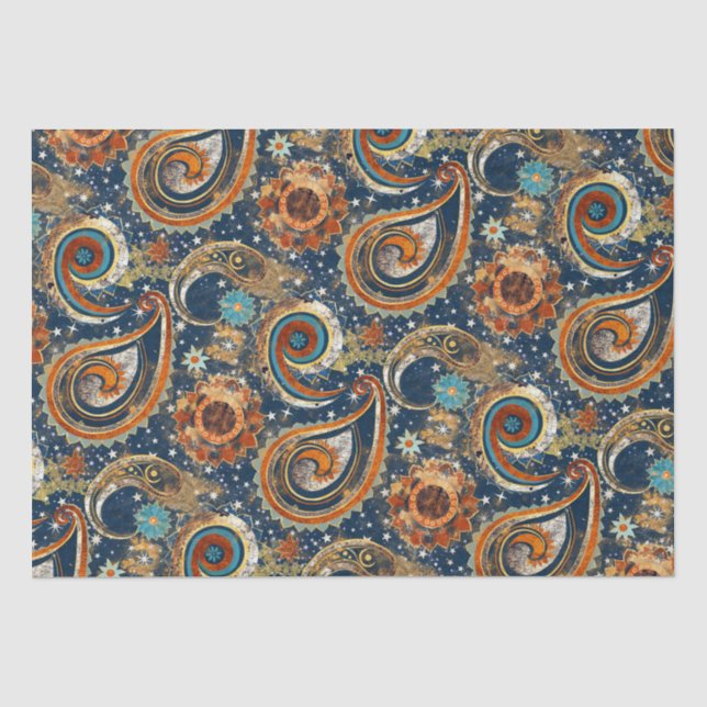 Celestial Paisley Pattern Navy Blue, Orange, Gold Seidenpapier (Vorderseite)