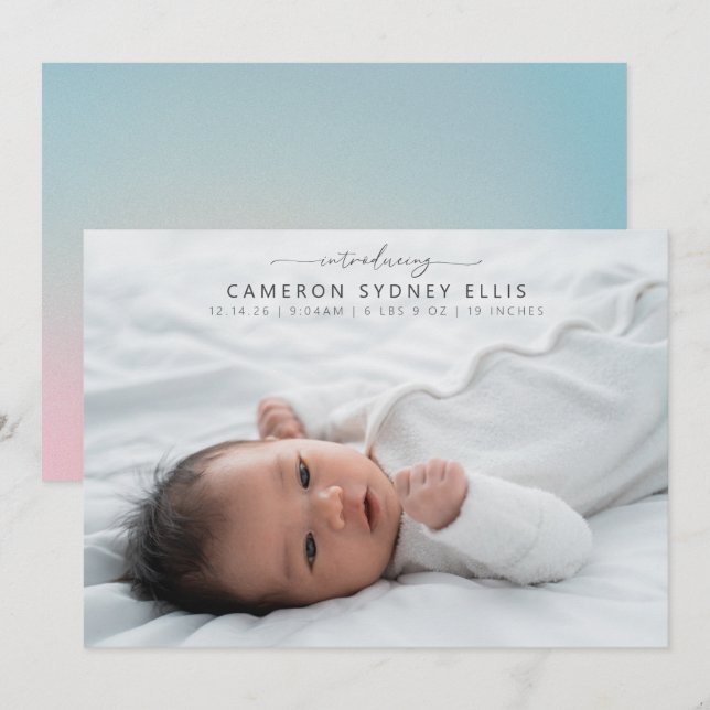 Celestial Pastel Blue Pink Baby Foto Birth Ankündigung (Vorne/Hinten)