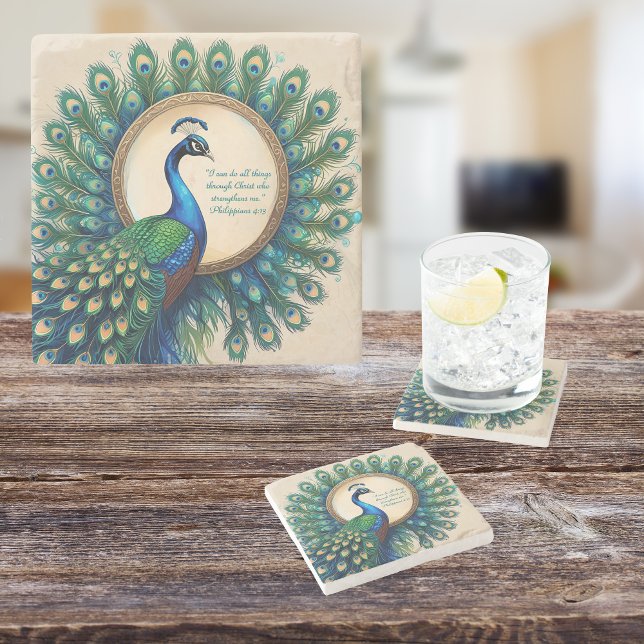 Celestial Peacock Bloom Bible Verse Steinuntersetzer (Von Creator hochgeladen)