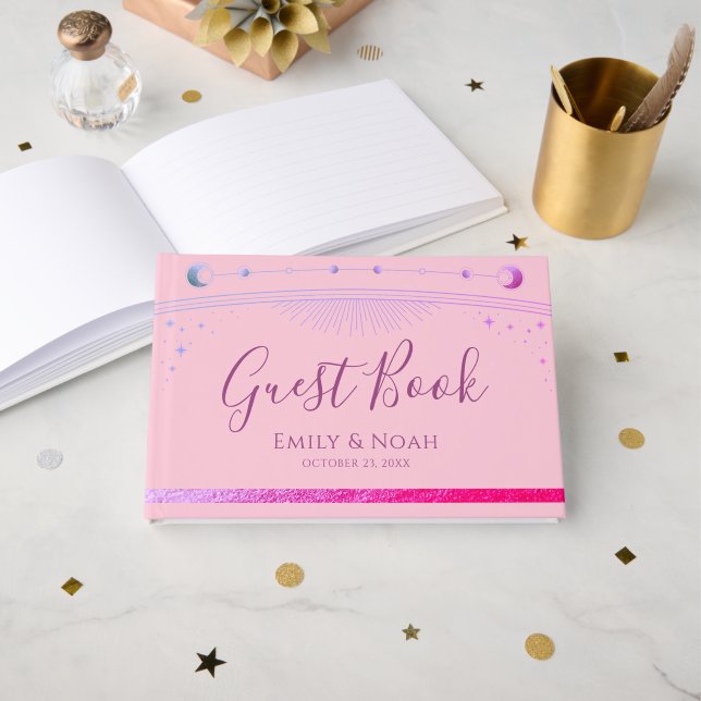 Celestial Pink Purple Sun Moon Stars Wedding  Gästebuch (Vorderseite Offen)