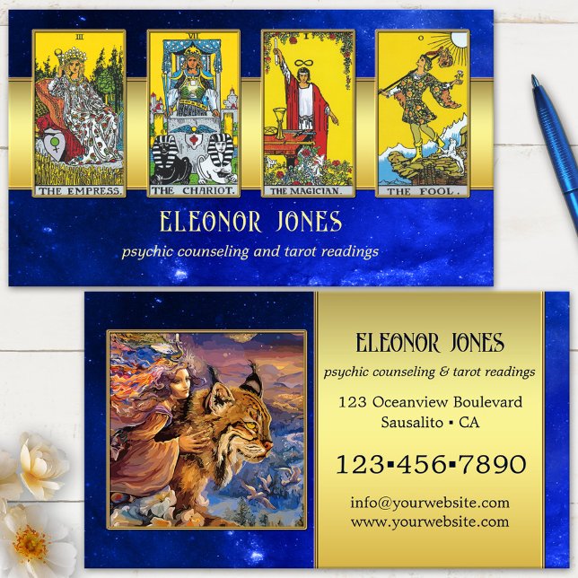 Celestial Psychic Tarot Reader Foto Visitenkarte (Tarot reader business card featuring a celestial sky image with gold and your custom photos)
