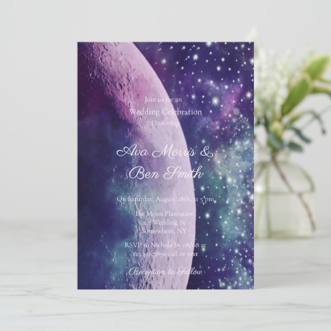 Celestial Purple Galaxy Moon Wedding Celebration  Einladung (Stehend Vorderseite)