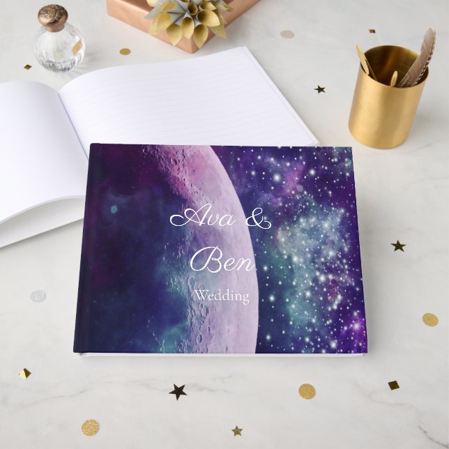 Celestial Purple Galaxy Moon Wedding  Gästebuch (Vorderseite Offen)