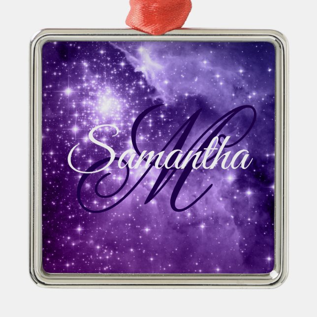 Celestial Purple Starry Sparkle Fancy Monogram Ornament Aus Metall (Vorne)