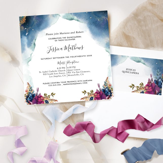 Celestial Quinceañera Blue Lila Aquamarin und Fuch Einladung (Von Creator hochgeladen)