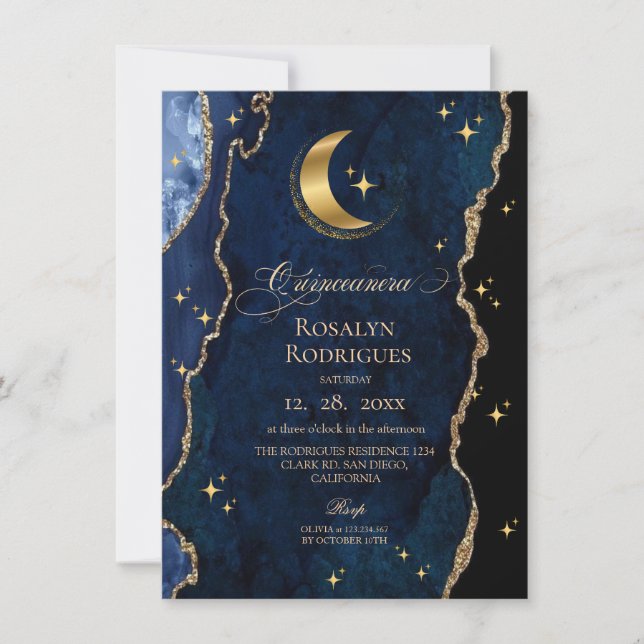  Celestial Quinceanera Midnight Stars Moon  Einladung (Vorderseite)