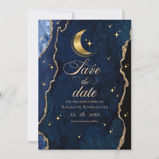 Celestial Quinceanera Stars and Moon Blue Save The Date (Vorderseite)