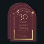 Celestial Red Gold Sun Moon Stars 30. Geburtstag Einladung<br><div class="desc">Celestial Red Gold Sun Moon Astronomie 30. Geburtstag Einladungen bietet eine elegante goldene Sonne, Mond und Sterne mit einem goldenen Rahmen auf einem tiefen rosa-roten Hintergrund. Im Inneren ist Ihre individuelle Einladung zum dreißigsten Geburtstag Informationen. Personalisieren Sie den Text in den Textfeldern, indem Sie ihn bearbeiten. Für Sie entworfen von...</div>