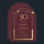 Celestial Red Gold Sun Moon Stars 30. Geburtstag Einladung<br><div class="desc">Celestial Red Gold Sun Moon Astronomie 30. Geburtstag Einladungen bietet eine elegante goldene Sonne, Mond und Sterne mit einem goldenen Rahmen auf einem tiefen rosa-roten Hintergrund. Im Inneren ist Ihre individuelle Einladung zum dreißigsten Geburtstag Informationen. Personalisieren Sie den Text in den Textfeldern, indem Sie ihn bearbeiten. Für Sie entworfen von...</div>