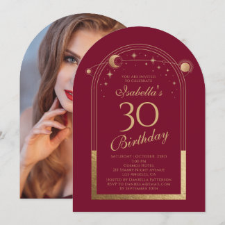 Celestial Red Gold Sun Moon Stars 30. Geburtstag Einladung
