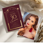 Celestial Red Gold Sun Moon Stars 30. Geburtstag Einladung<br><div class="desc">Celestial Red Gold Sun Moon Astronomie 30. Geburtstag Foto Einladungen bietet eine elegante goldene Sonne,  Mond und Sterne mit einem goldenen Rahmen auf einem tiefrosa-roten Hintergrund. Im Inneren ist Ihre individuelle Einladung zum dreißigsten Geburtstag Informationen. Auf der Rückseite fügen Sie Ihr Lieblings-Foto. Für Sie entworfen von Evco Studio www.zazzle.com/store/evcostudio</div>
