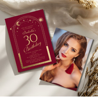 Celestial Red Gold Sun Moon Stars 30. Geburtstag Einladung