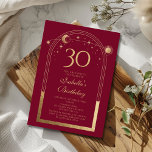 Celestial Red Gold Sun Moon Stars 30. Geburtstag Einladung<br><div class="desc">Celestial Red Gold Sun Moon Astronomie 30. Geburtstag Einladungen bietet eine elegante goldene Sonne, Mond und Sterne mit einem goldenen Rahmen auf einem roten Hintergrund. Im Inneren ist Ihre individuelle Einladung zum dreißigsten Geburtstag Informationen. Personalisieren Sie den Text in den Textfeldern, indem Sie ihn bearbeiten. Für Sie entworfen von Evco...</div>