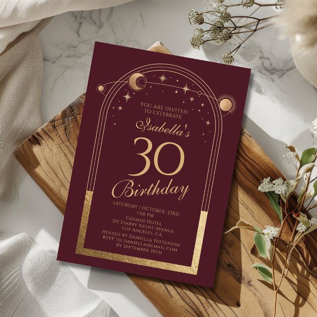 Celestial Red Gold Sun Moon Stars 30. Geburtstag Einladung (Von Creator hochgeladen)