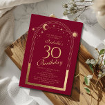 Celestial Red Gold Sun Moon Stars 30. Geburtstag Einladung<br><div class="desc">Celestial Red Gold Sun Moon Astronomie 30. Geburtstag Einladungen bietet eine elegante goldene Sonne, Mond und Sterne mit einem goldenen Rahmen auf einem roten Hintergrund. Im Inneren ist Ihre individuelle Einladung zum dreißigsten Geburtstag Informationen. Personalisieren Sie den Text in den Textfeldern, indem Sie ihn bearbeiten. Für Sie entworfen von Evco...</div>