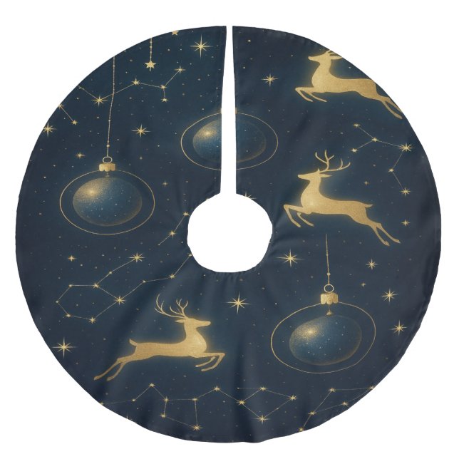 Celestial Reindeer and Golden Star Ornaments Polyester Weihnachtsbaumdecke (Vorderseite)