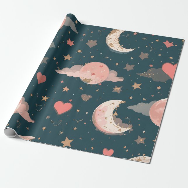 Celestial Romance Dreamy Moon & Stars Valentine Se Geschenkpapier (Ungerollt)