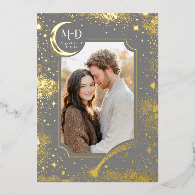 Celestial Romantic Starry Night Wedding Foto Folieneinladung (Vorderseite)