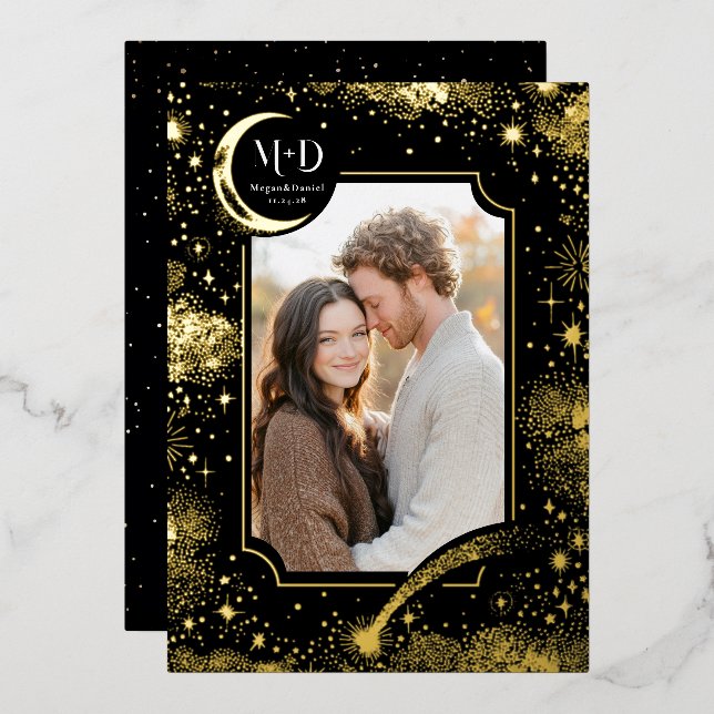 Celestial Romantic Starry Night Wedding Foto Folieneinladung (Vorderseite/Rückseite)