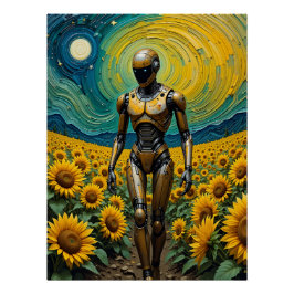 Celestial Sentience: Roboter in Sunflower Fields Poster