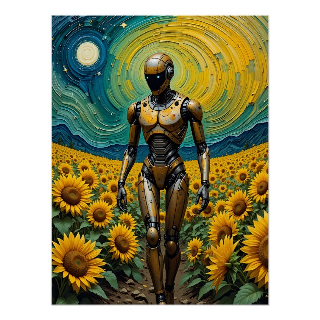 Celestial Sentience: Roboter in Sunflower Fields Poster (Vorderseite)