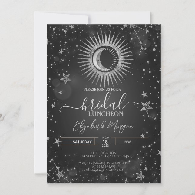 Celestial Silver Sun, Moon, Stars Bridal Luncheon Einladung (Vorderseite)