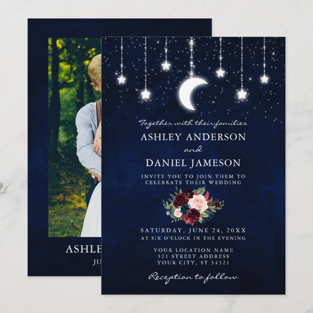 Celestial Sky Moon Stars Floral Lights Foto Einladung (Vorne/Hinten)
