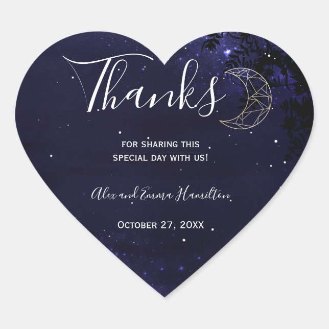 Celestial Starry Night mit Gold Moon Wedding Herz-Aufkleber (Vorderseite)