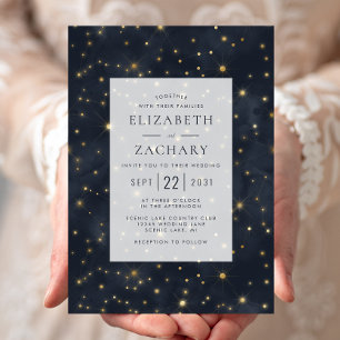 Celestial Starry Sky Midnight Blue Gold Wedding Einladung