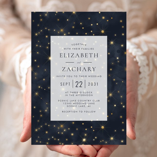 Celestial Starry Sky Midnight Blue Gold Wedding Einladung (Von Creator hochgeladen)