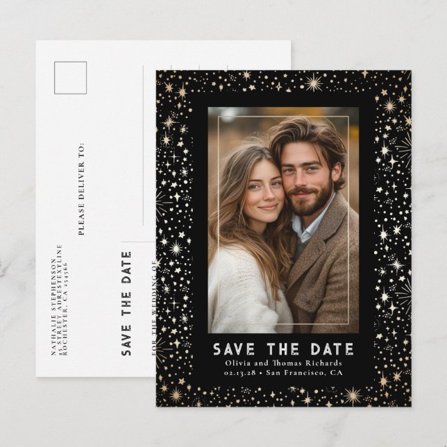 Celestial Stars Black Wedding Save the Date Foto Ankündigungspostkarte (Vorne/Hinten)