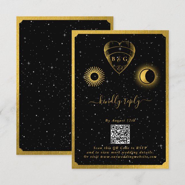 Celestial Stars Crescent Moon Black Gold Wedding Begleitkarte (Vorne/Hinten)