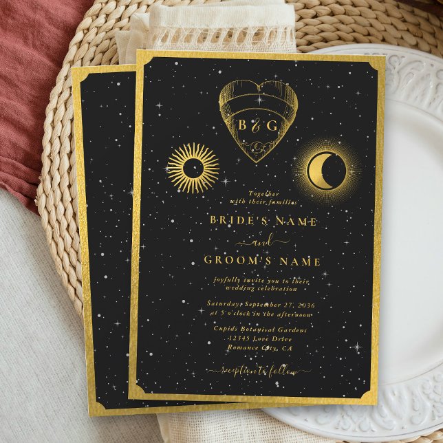 Celestial Stars Crescent Moon Black Gold Wedding Einladung (Celestial Stars Crescent Moon Black Gold Wedding Invitation)