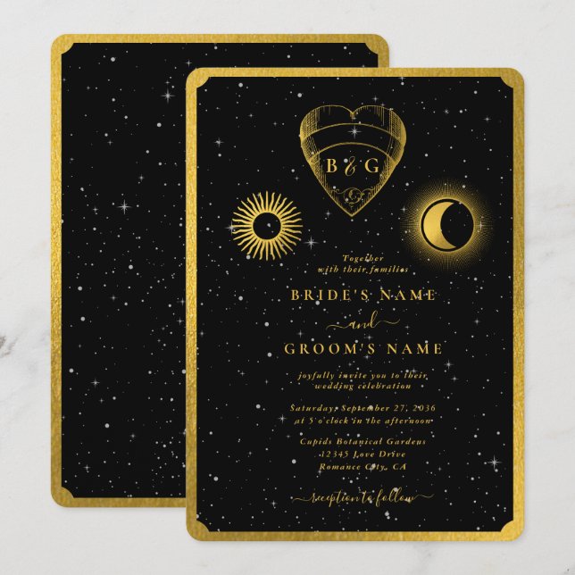Celestial Stars Crescent Moon Black Gold Wedding Einladung (Vorne/Hinten)