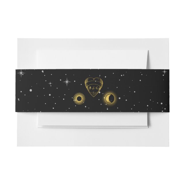 Celestial Stars Crescent Moon Black Gold Wedding Einladungsbanderole (Vorderseite Beispiel)
