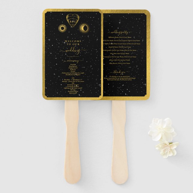 Celestial Stars Crescent Moon Black Gold Wedding Fächer (Vorne und Hinten)