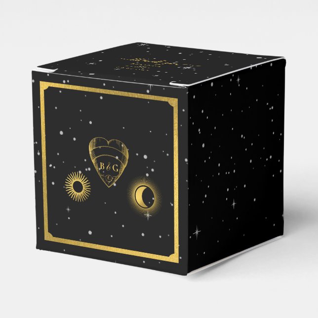 Celestial Stars Crescent Moon Black Gold Wedding Geschenkschachtel (Vorderseite)