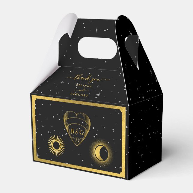 Celestial Stars Crescent Moon Black Gold Wedding Geschenkschachtel (Vorderseite)