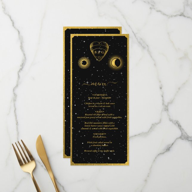 Celestial Stars Crescent Moon Black Gold Wedding Menükarte (Vorderseite/Rückseite Beispiel)