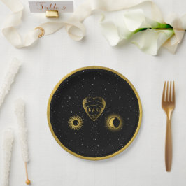 Celestial Stars Crescent Moon Black Gold Wedding Pappteller