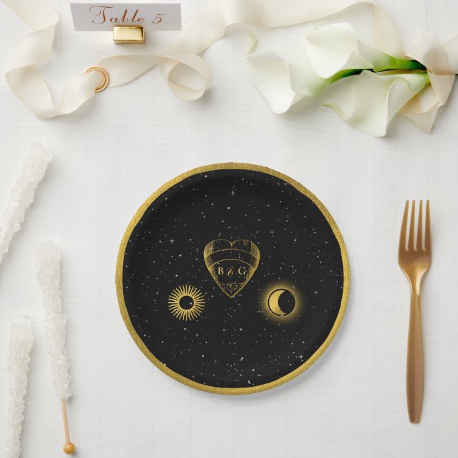 Celestial Stars Crescent Moon Black Gold Wedding Pappteller (Hochzeit)
