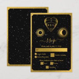 Celestial Stars Crescent Moon Black Gold Wedding RSVP Karte