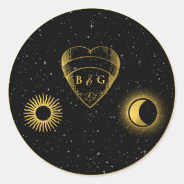 Celestial Stars Crescent Moon Black Gold Wedding Runder Aufkleber