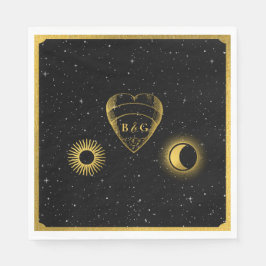Celestial Stars Crescent Moon Black Gold Wedding Serviette