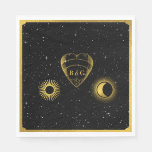 Celestial Stars Crescent Moon Black Gold Wedding Serviette